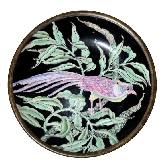 Vintage Brass Cloisonné Enamel Trinket Dish Floral Bird Pink & Green 5.5" - Picture 1 of 5